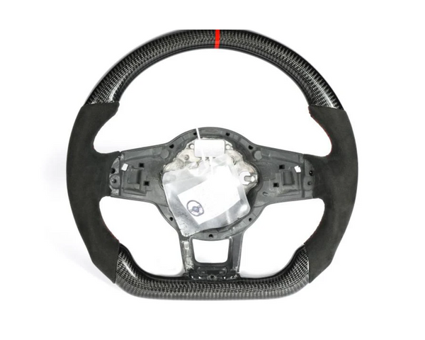 A carbon-fiber steering wheel with a red stripe at the top and a partially exposed interior mechanism, displayed against a plain white background.