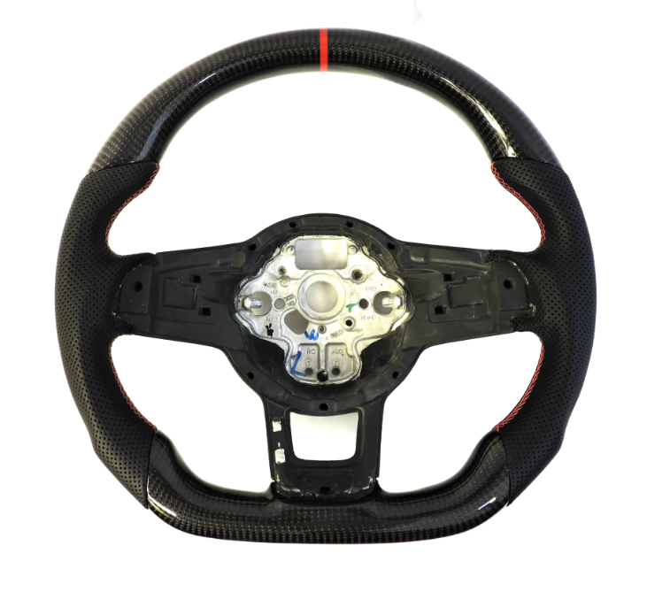 A black, textured carbon fiber steering wheel with a red stripe at the top. It is uninstalled, showing the metal frame and perforated sections for grip, on a white background.