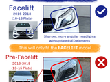 Car headlights comparison guide shows facelift (2016-2018) with sharper, angular headlights fitting only facelift models, versus pre-facelift (2013-2015) with rounded, dotted design. Text: 