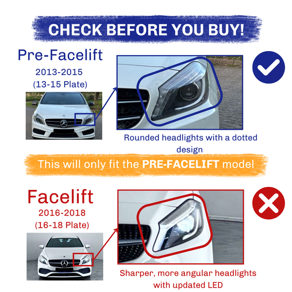 Car headlight design comparisons between Pre-Facelift (2013-2015) with rounded, dotted headlights, and Facelift (2016-2018) with sharper, angular LED headlights. "