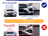 Car grille design comparison shows pre-facelift (2019-2022) model with a smaller, separate lower grill and facelift (2023+) with a larger, connected lower grill. Text:  Pre-Facelift 2019-2022 (19-22 Plate) Smaller Lower Grill that is separate This will only fit the PRE-FACELIFT model Facelift 2023+ (23+ Plate) Larger Lower grill that connect to other side.