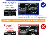 Dashboard comparison of two car models: Pre-Facelift (2017-2020) features a thinner steering wheel with physical buttons and a 10.25-inch display. Facelift (2021-2023) has a thicker wheel with updated buttons and a 12.3-inch display. Text warns: 