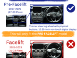 Steering wheels comparison: Pre-Facelift (2017-2020) features a thinner wheel with physical buttons and a 10.25-inch display. Facelift (2021-2023) has a thicker wheel with updated buttons and a 12.3-inch display. Text says:  This will only fit the PRE-FACELIFT model.