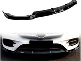 A glossy black car front splitter is displayed above an image of its installation on a white car's front bumper, enhancing aerodynamics on an asphalt surface.