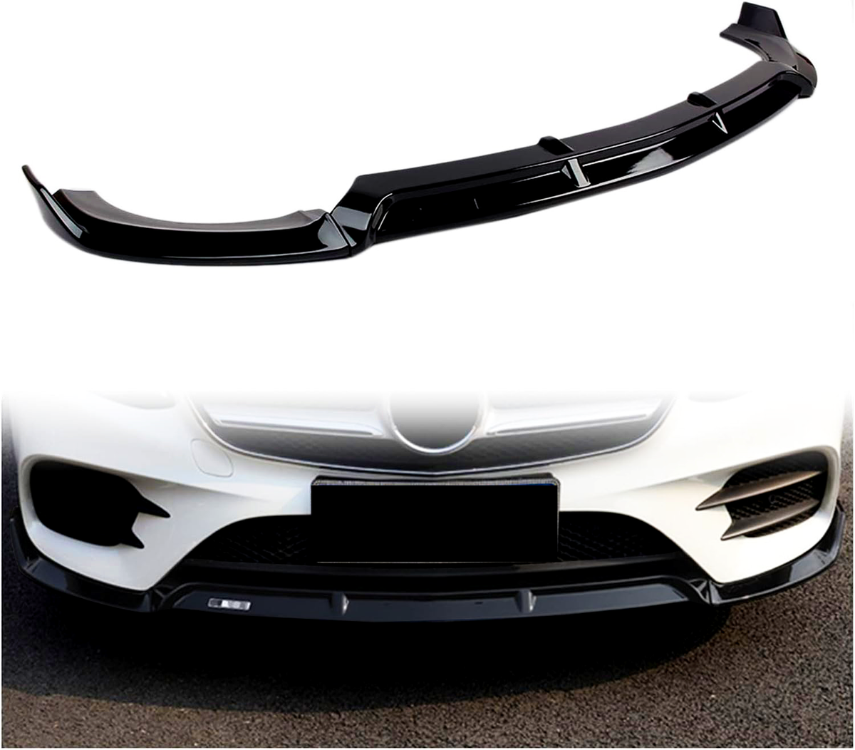A glossy black car front splitter is displayed above an image of its installation on a white car's front bumper, enhancing aerodynamics on an asphalt surface.