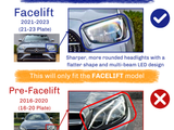 Headlights of two Mercedes models are compared. Facelift (2021-2023) features sharper, rounder headlights; Pre-Facelift (2016-2020) shows angular, upward-tilted lights. Text advises checking model compatibility before purchasing.