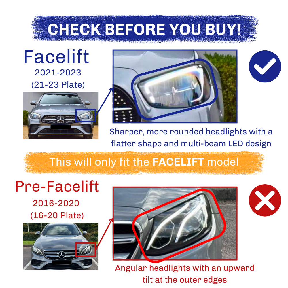Headlights comparison: Facelift (2021-2023) features sharper, rounded headlights with multi-beam LED design; Pre-Facelift (2016-2020) has angular headlights with an upward tilt. "