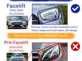 Headlights comparison: Facelift model (2021-2023) features sharper, rounded headlights. Pre-Facelift (2016-2020) has angular, upward-tilted headlights. Text:  This will only fit the FACELIFT model.