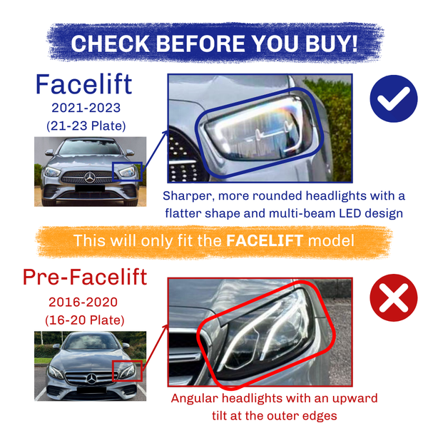 Headlights comparison: Facelift model (2021-2023) features sharper, rounded headlights. Pre-Facelift (2016-2020) has angular, upward-tilted headlights. Text:  This will only fit the FACELIFT model."