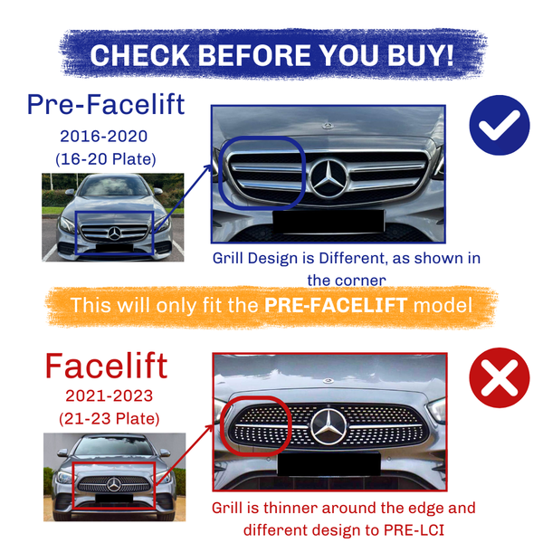 Car grille comparison shows two models: 
 
 1. Pre-Facelift (2016-2020, 16-20 Plate): Noted for its specific grille design. Text: "Grill Design is Different, as shown in the corner."
 
 2. Facelift (2021-2023, 21-23 Plate): Features a thinner edge grille. Text: "Grill is thinner around the edge and different design to PRE-LCI."
 
 Upper text: 
 Middle text: "This will only fit the PRE-FACELIFT model."