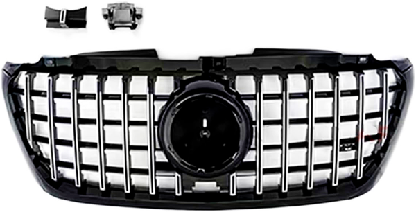 Car grille features vertical chrome bars and central circular mount, with two small components above it, all set against a plain white background.