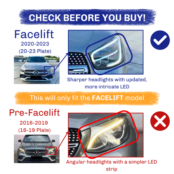 Mercedes car comparison highlighting headlight differences: Facelift (2020-2023) model with sharper, intricate LED headlights, marked with a check; Pre-Facelift (2016-2019) model with simpler LEDs, marked with an X. Text: ", "This will only fit the FACELIFT model."