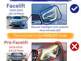 A comparison of car headlights highlighting differences between Facelift (2020-2023) with sharper LEDs, and Pre-Facelift (2016-2019) models. Text:  This will only fit the FACELIFT model.