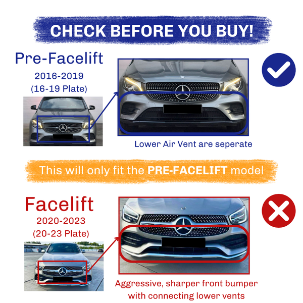 Car comparison image: shows differences between Pre-Facelift (2016-2019) with separate lower air vent and Facelift (2020-2023) with aggressive, connected lower vents. Suitable for Pre-Facelift only.