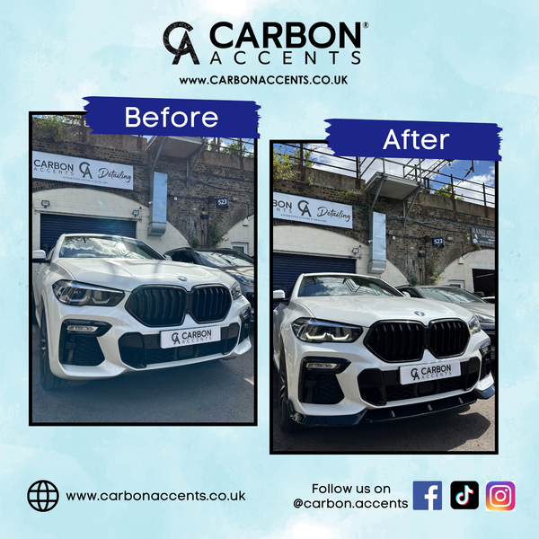 A white BMW is shown in "before" and "after" states, highlighting detailing work by Carbon Accents. It's parked outside a garage with a visible sign: "Carbon Accents Detailing." Text: “www.carbonaccents.co.uk” and social media icons.