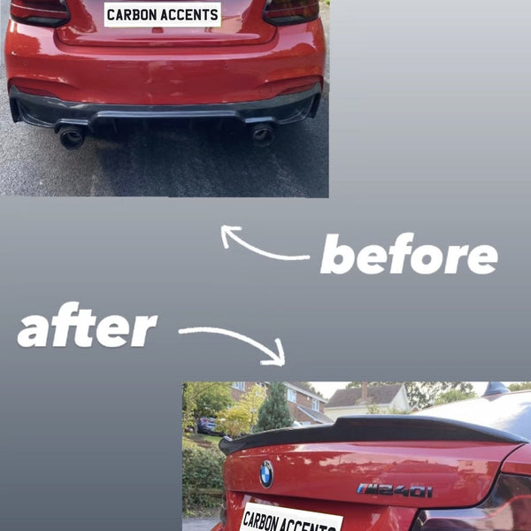 A red BMW M240i's rear is shown twice, highlighting modifications. The first image is labeled "before," and the second "after," emphasizing the addition of a black spoiler. Text: "CARBON ACCENTS."