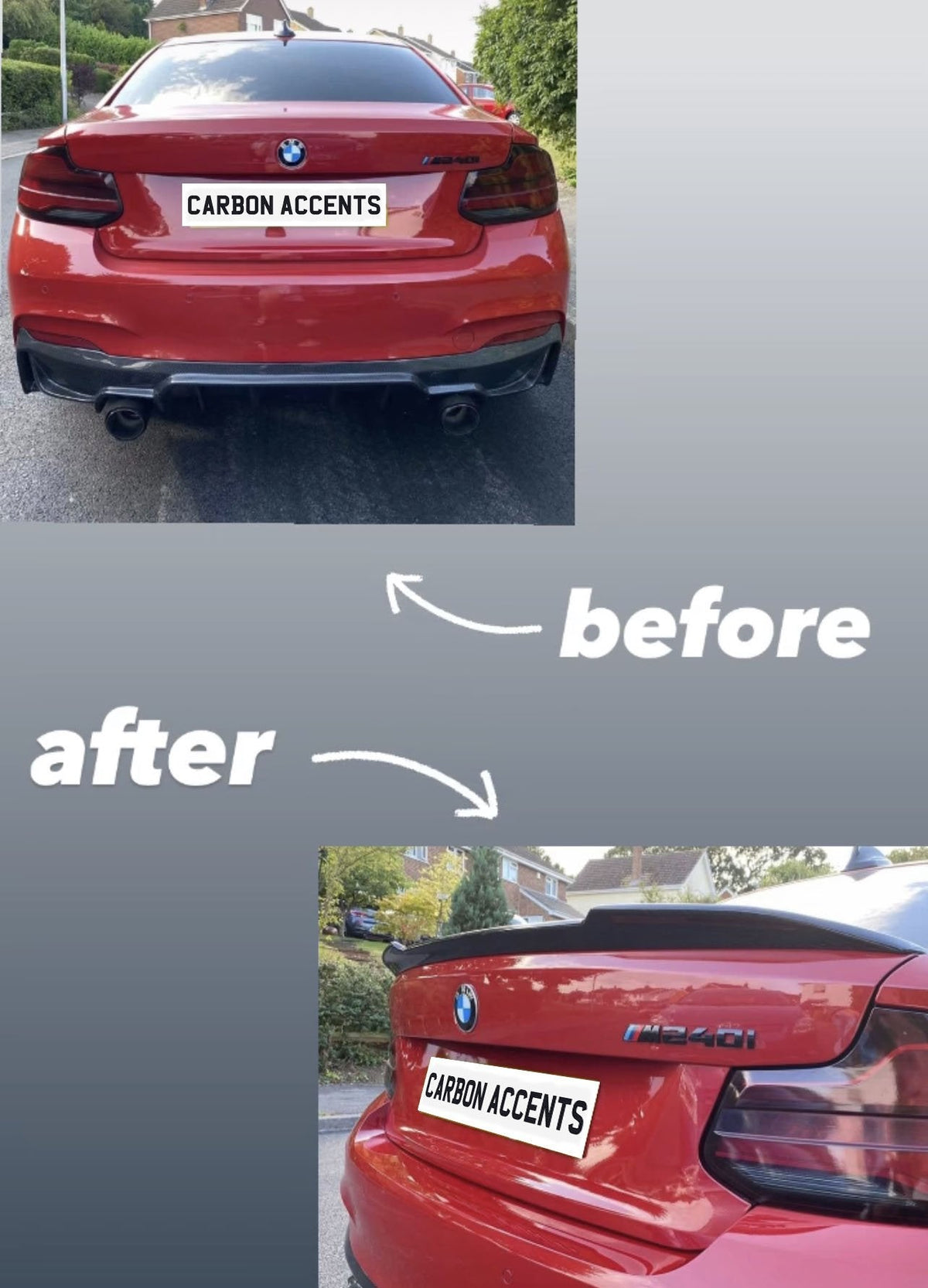 A red BMW M240i's rear is shown twice, highlighting modifications. The first image is labeled "before," and the second "after," emphasizing the addition of a black spoiler. Text: "CARBON ACCENTS."
