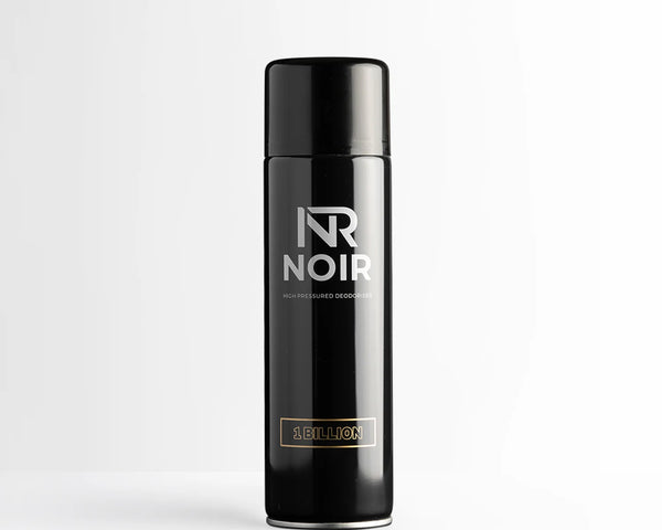 Black cylindrical deodorant can labeled "NR NOIR HIGH PRESSURED DEODORISER 1 BILLION" stands upright against a plain, light gray background.