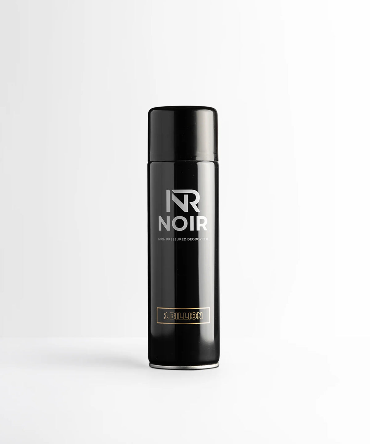 Black cylindrical deodorant can labeled "NR NOIR HIGH PRESSURED DEODORISER 1 BILLION" stands upright against a plain, light gray background.