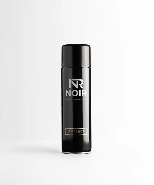 Black cylindrical deodorant can labeled "NR NOIR HIGH PRESSURED DEODORISER 1 BILLION" stands upright against a plain, light gray background.