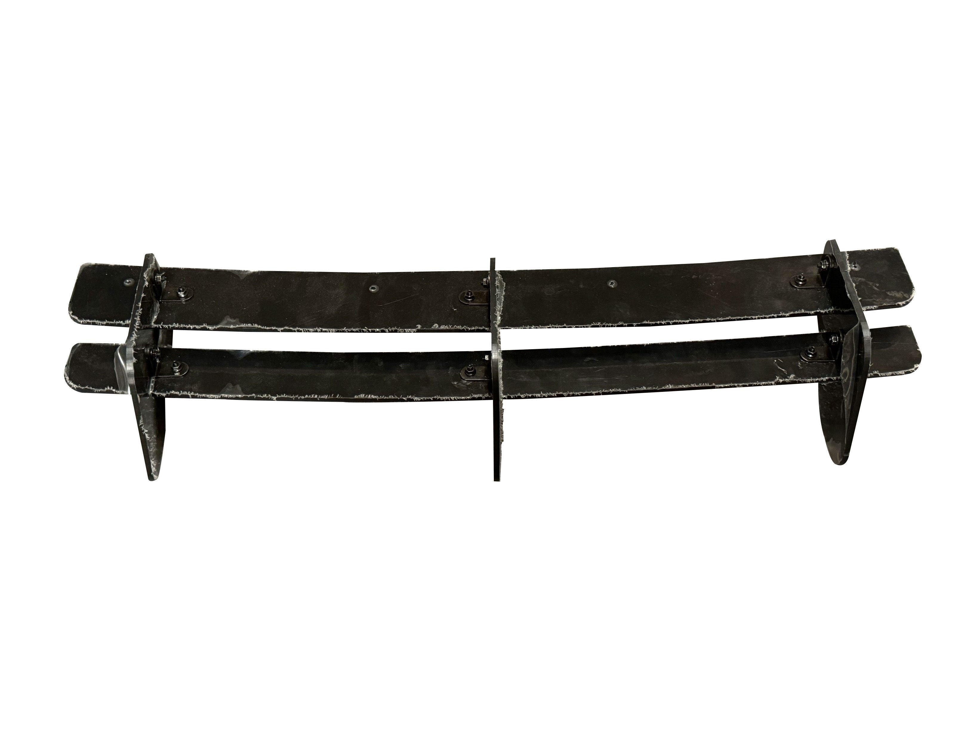Two metal blades are mounted parallel on a metal frame, with mounting brackets. The structure is isolated on a white background.