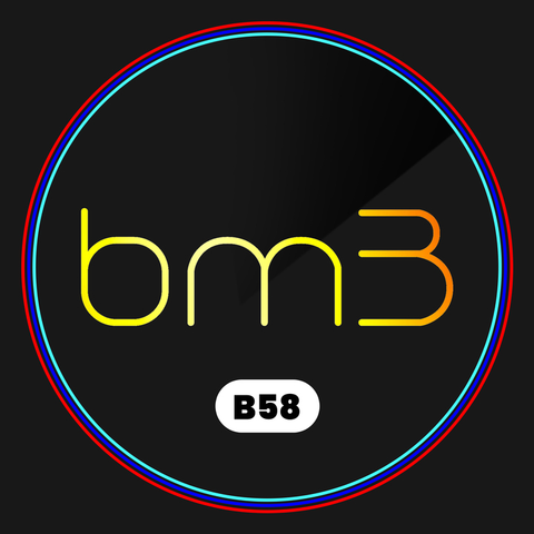 Logo with text "bm3" in gradient yellow-orange, centered on a black background. Enclosed by three concentric rings in red, blue, and cyan. Below, "B58" in bold on a white oval.