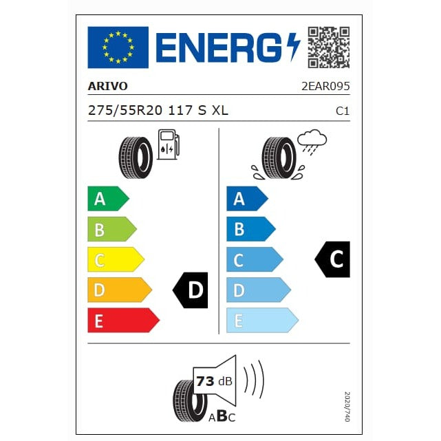 EU tyre label - Arivo Terramax ARV Pro A/T 275/55 R20 117S XL - fuel D, wet grip C, noise 73dB