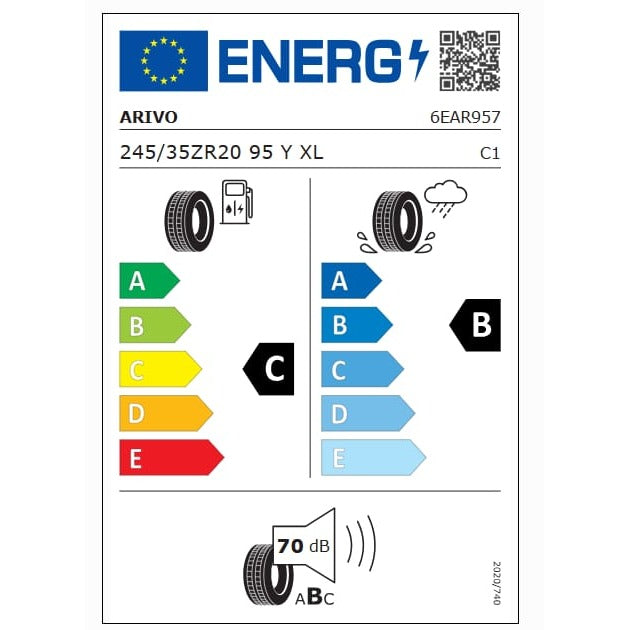 EU tyre label - Arivo Premio Sport 6 245/35 ZR20 95Y XL - fuel C, wet grip B, noise 70dB