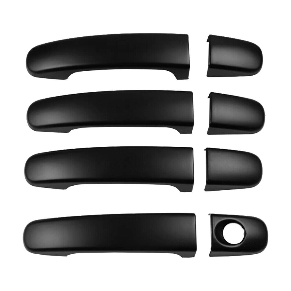 Black car door handle covers are arranged in pairs on a plain white background. Each pair includes a long handle and a shorter round cover with a keyhole cutout on one.