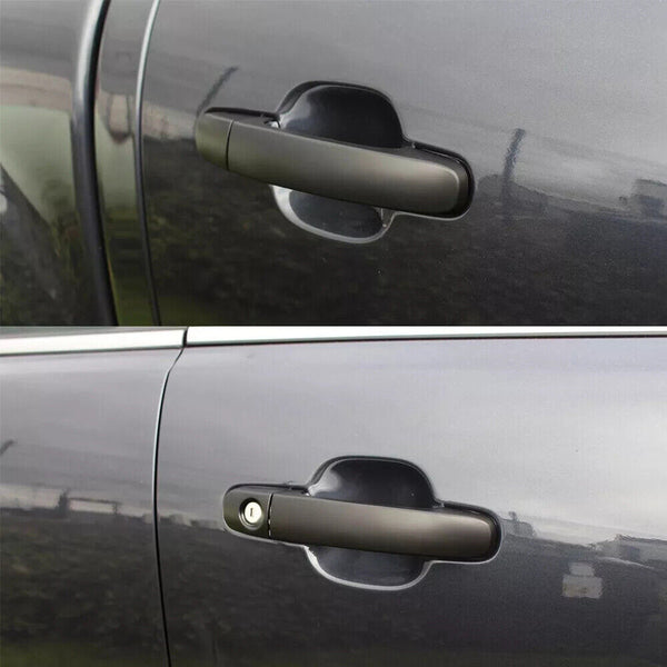 Top: A car door handle on a dark-colored vehicle lacks a keyhole. Bottom: Identical handle, same color, includes a visible keyhole. Both are in an outdoor setting.