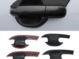 Black car door handle overlays are displayed with adhesive strips on the back. The top image shows an overlay attached to a car door, while the bottom image shows four detached overlays.