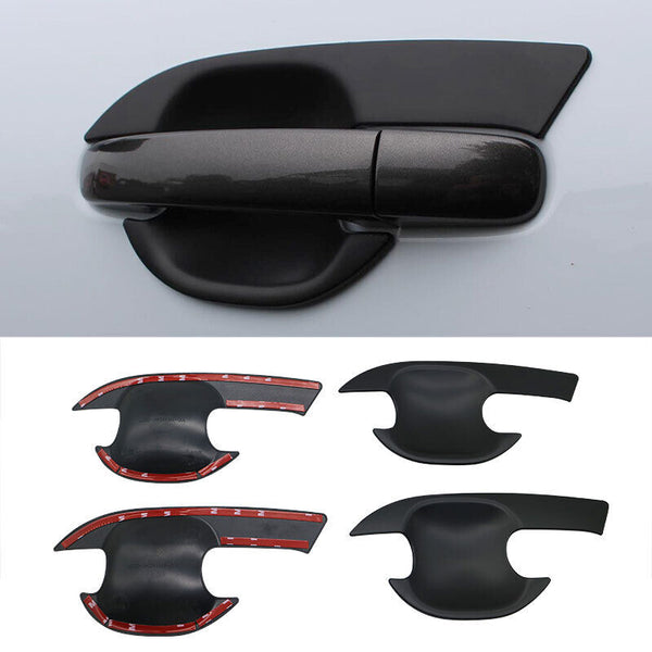 Black car door handle overlays are displayed with adhesive strips on the back. The top image shows an overlay attached to a car door, while the bottom image shows four detached overlays.