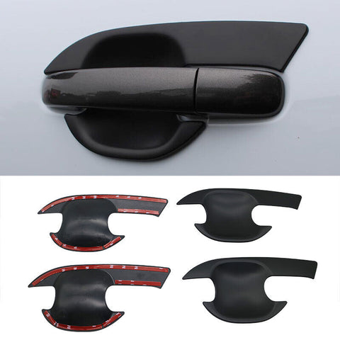 Black car door handle overlays are displayed with adhesive strips on the back. The top image shows an overlay attached to a car door, while the bottom image shows four detached overlays.