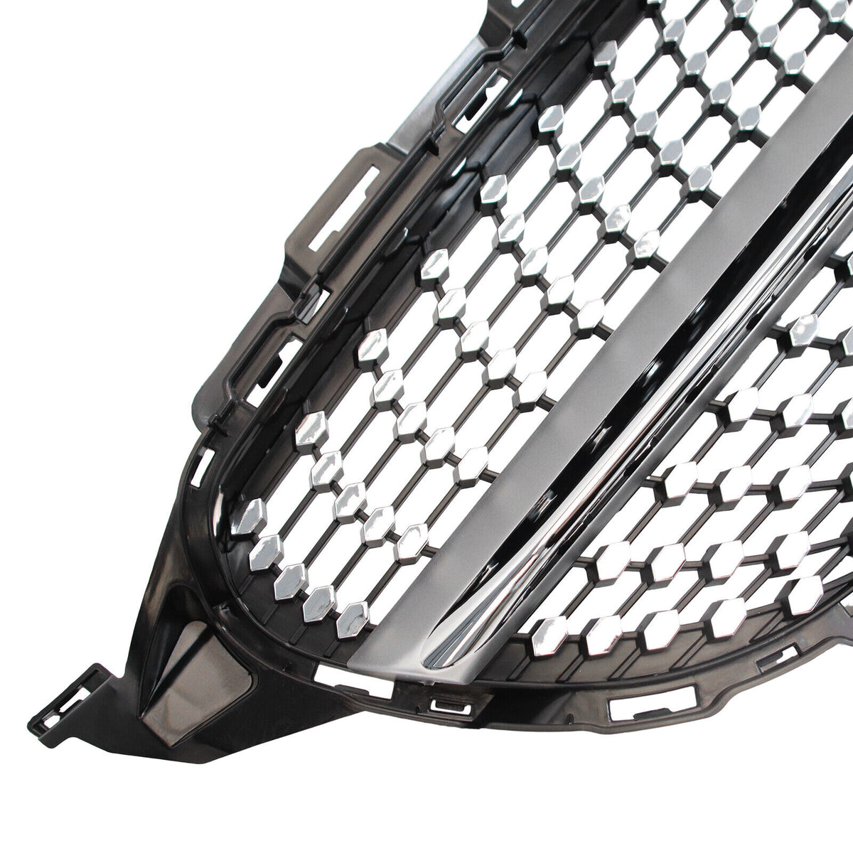 A car grille features a hexagonal pattern with silver accents and a glossy black frame, designed for vehicle front-end styling and ventilation on a plain white background.