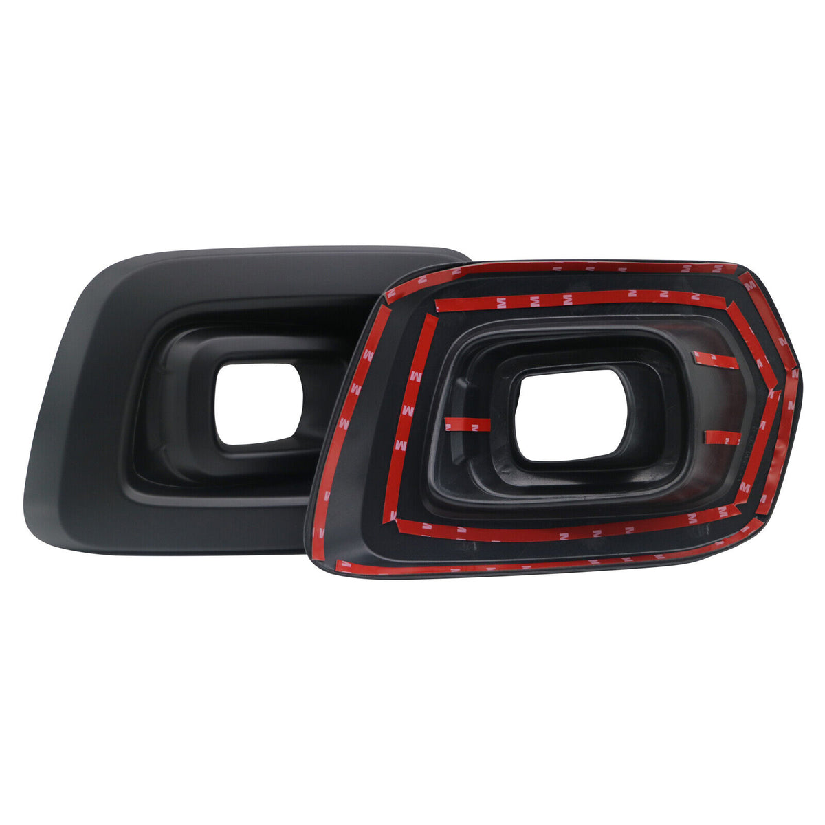 Two black, rectangular plastic components with hollow centers are shown. One is plain, while the other is bordered by red strips of adhesive tape, placed on a white background.