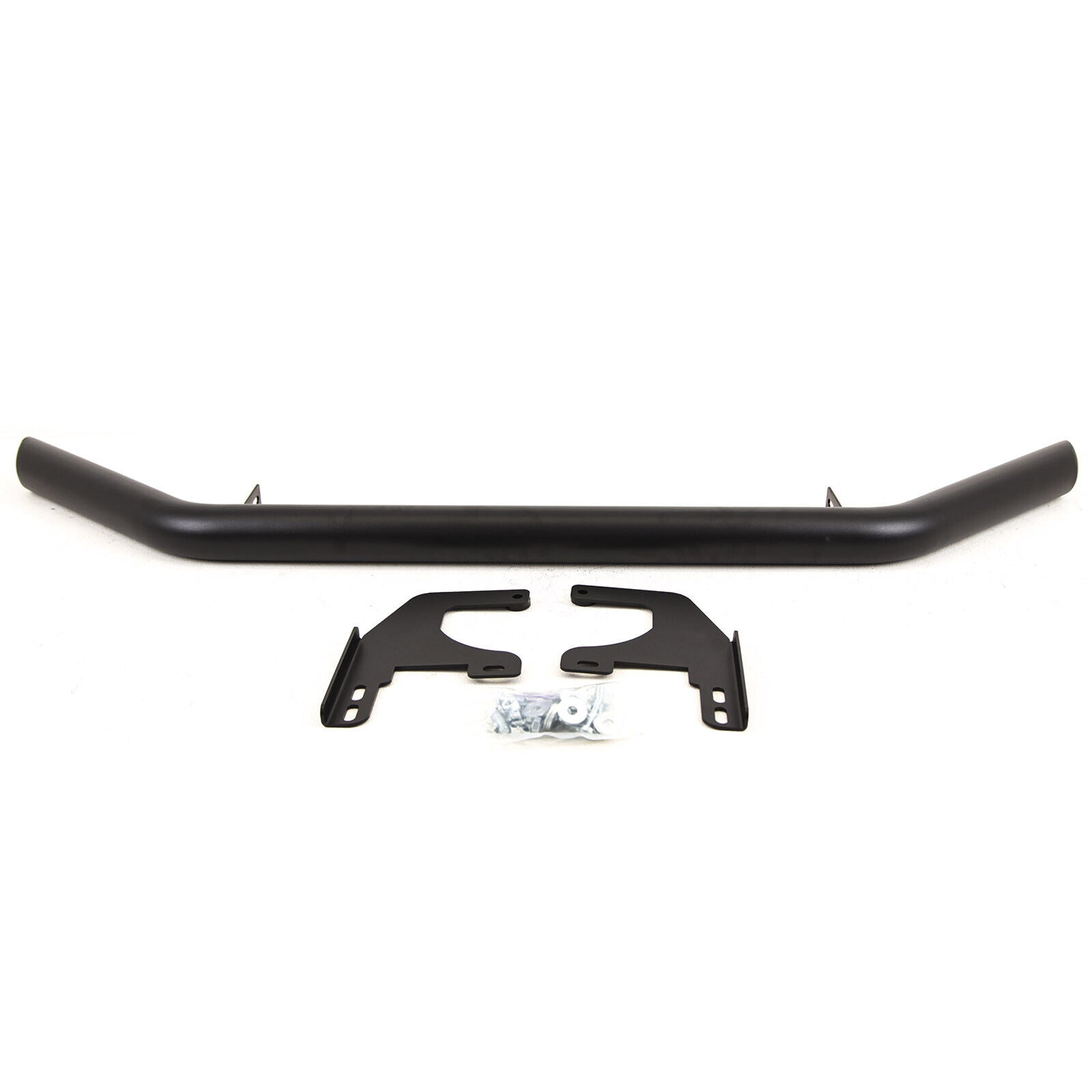 A black, tubular steel bar lies horizontally, accompanied by two mounting brackets and a small bag of screws, set against a plain white background.