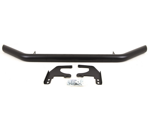 A black, tubular steel bar lies horizontally, accompanied by two mounting brackets and a small bag of screws, set against a plain white background.