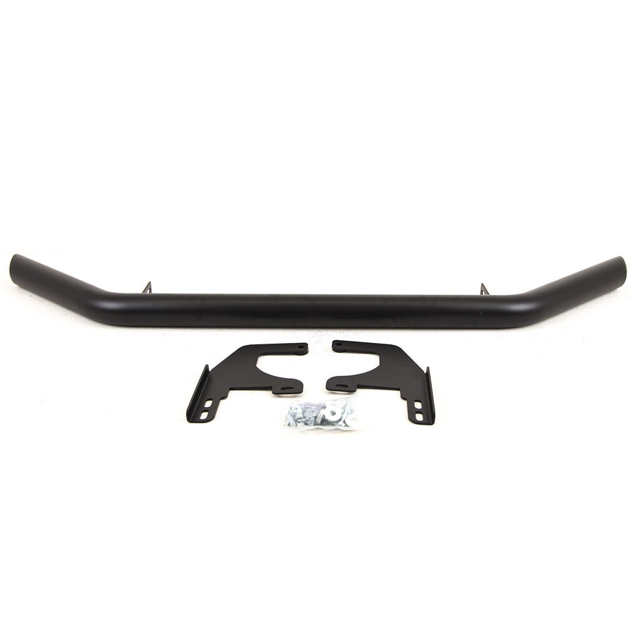 A black, tubular steel bar lies horizontally, accompanied by two mounting brackets and a small bag of screws, set against a plain white background.