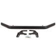 A black, tubular steel bar lies horizontally, accompanied by two mounting brackets and a small bag of screws, set against a plain white background.