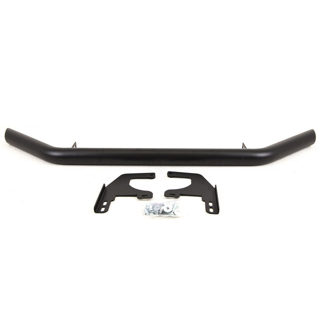 A black, tubular steel bar lies horizontally, accompanied by two mounting brackets and a small bag of screws, set against a plain white background.