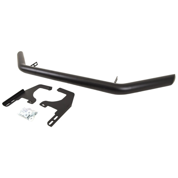 A black metal bar, likely a bumper, lies alongside two black brackets and a small bag of screws, all on a plain white background.