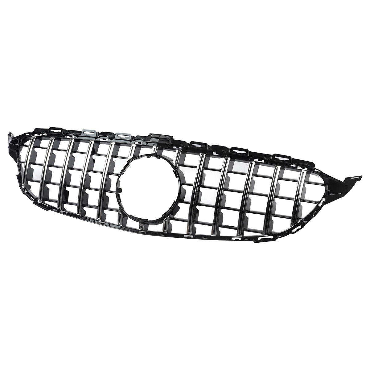 A glossy black car grille features vertical slats and a central circular opening. The grille is isolated on a plain white background.