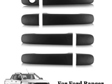 Black door handle covers are displayed in a row, designed for a Ford Ranger. Below, a white Ford Ranger truck is shown. Text reads, 