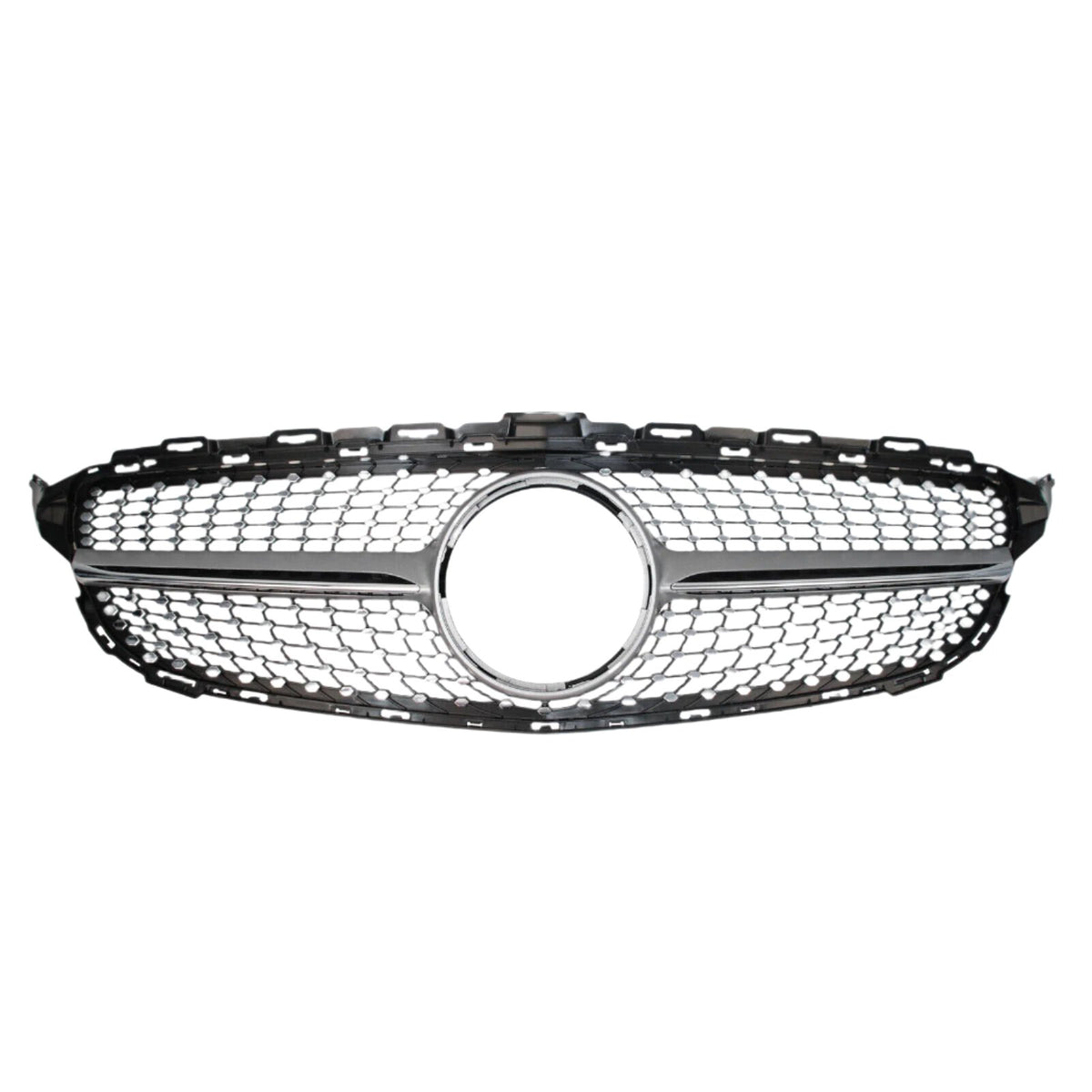 A chrome and black car grille with a honeycomb pattern features a circular emblem space in the center, set against a plain white background.
