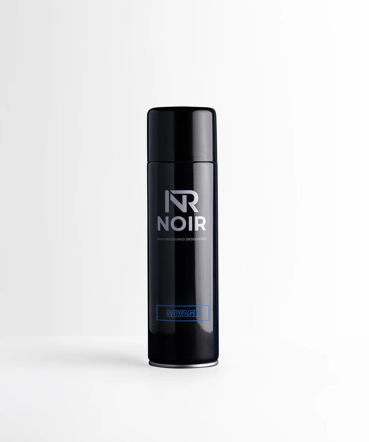 A sleek, dark cylindrical canister labeled "NR NOIR HIGH PRESSURED DEODORISER" and "SAVAGE" stands against a plain white background.