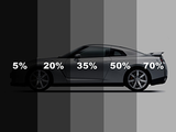 A car is shown with five vertical tinted sections labeled 5%, 20%, 35%, 50%, and 70%, illustrating different window tint percentages against a gradient background from dark to light gray.