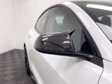 Close-up of Carbon Fibre Look M Style Wing Mirror Cover fitted to a Tesla Model 3 | Carbon Accents