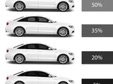 Four white cars are parked in profile view, each with windows tinted increasingly darker from top to bottom. Percentage labels beside each car read: 50%, 35%, 20%, 5%.