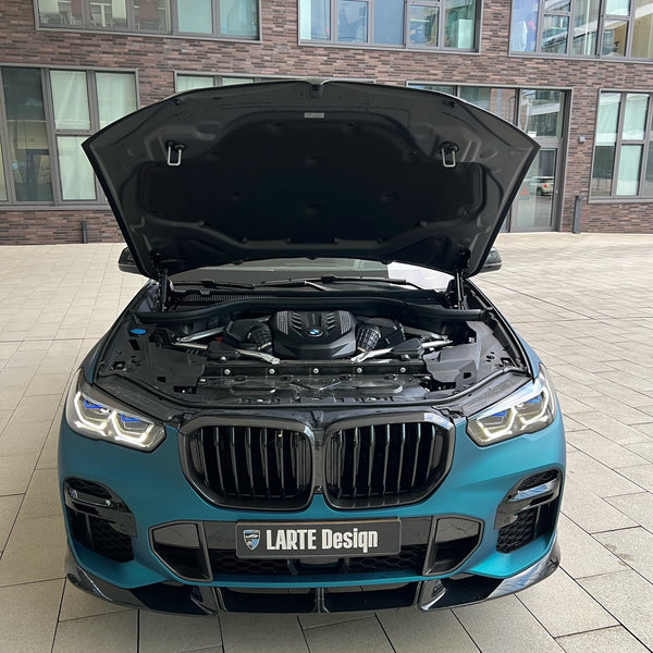 LARTE Design BMW X5 G05 pre-facelift carbon bonnet — bonnet open front view