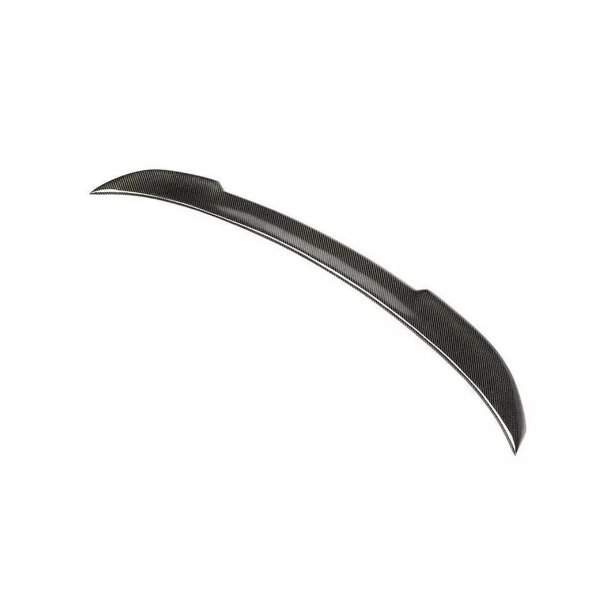 A black carbon fiber car spoiler, featuring a streamlined and curved design, rests against a plain white background, providing aerodynamic enhancement.